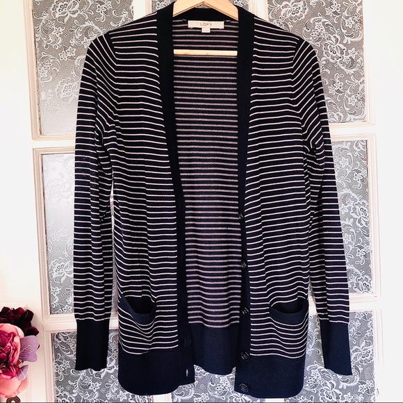 LOFT Sweaters - LOFT Navy & Pink Striped Boyfriend Cardigan